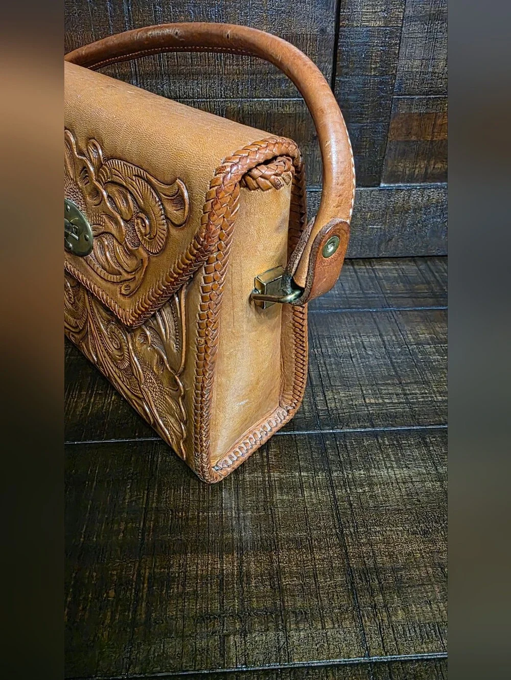 Vintage 70's Hand Tooled Leather Western Granny Handbag